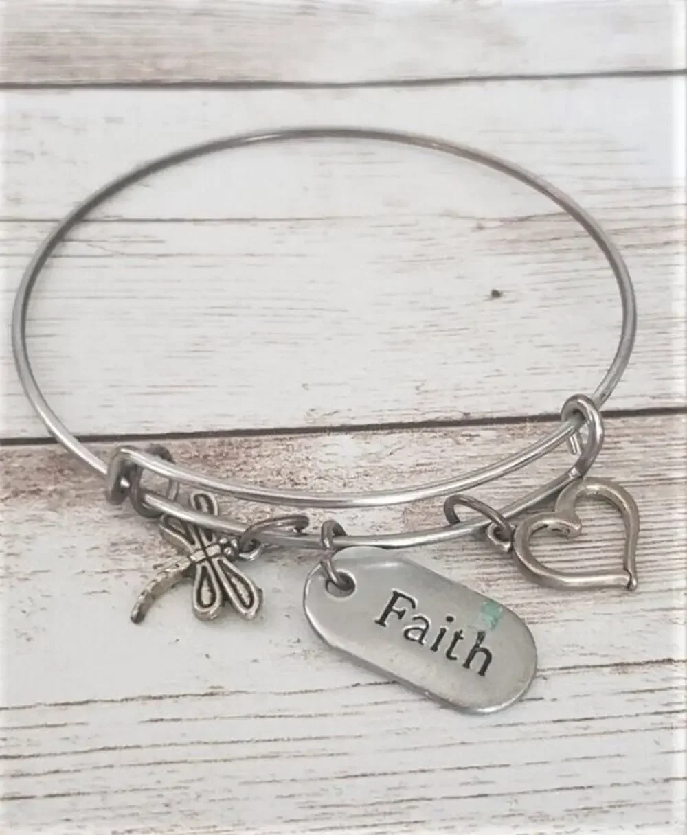 Silver Tone Faith Adjustable Bracelet / Bangle - Tarnished